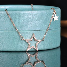 Yumilok Jewelry 925 Sterling Silver Cubic Zirconia Rose Gold Plated Hollow Star Pendant Necklace for Women/Girls