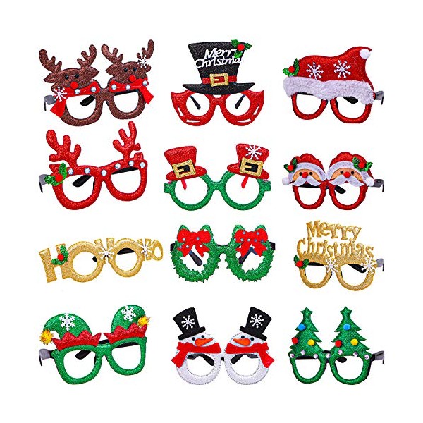 ANECO 12 Styles Christmas Glasses Frame Glitter Christmas Party Glasses Christmas Costume Creative Eyewear for Christmas Party Supplies