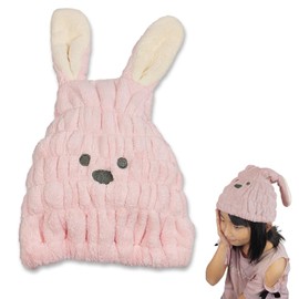 [From Life Basics] Towel Cap, Hair Towel, Hair Cap, Girls, Boys, Children, Pool, Swimming, Hair Absorbent, Stretchy, Hairband, Turban, Animals, Bath, Cute, Hair Drying, Texture, Fluffy (Pink Rabbit)