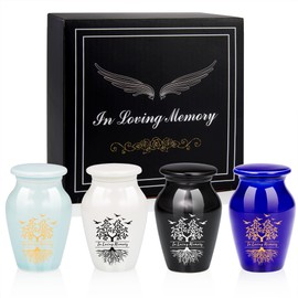 4pcs Small Urns for Ashes Cremation Urns for Pet Ashes Memorial Keepsake Urns Ceramic Sharing Funeral Urn-Premium Box & Spoon Included (In Loving Memory)