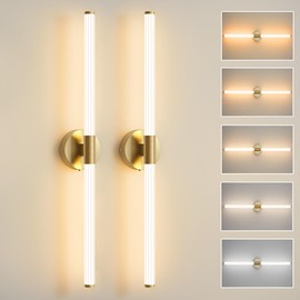 Glod Wall Sconces Set of 2, 5CCT LED Bathroom Light Fixtures Over Mirror, 360° Full Lighting 31" Long Vanity Light Bar Modern Wall Sconce for Bathroom Bedroom Living Room