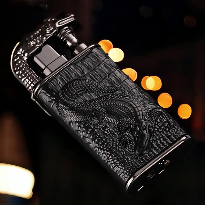 Double Flame Lighter, Windproof Lighter, Creative Embossed Crocodile Gas Lighter,