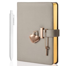 CAGIE Diary with Lock for Girls Heart Shaped Lock Diary with Key 290 Gold Edged Pages Journal for Women Personal Organizers Secret Notebook with Pen B6 Size 5.3x7 inch, Grey