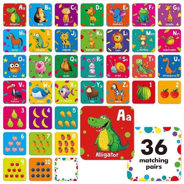 Hebayy 72 PCS Memory Matching Game, Alphabet & Numbers Matching Cards for Toddlers 36 Pairs Memory Cards for Preschool 4 5 6 Years Old
