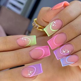 Square Press on Nails Medium Colorful Gradient French Tip False Nails Stars Fake Nails Cute Nails Full Cover Glossy Acrylic Nails Artificial Coffin Nails Glue on Nail for Women DIY Stick on Nails Set