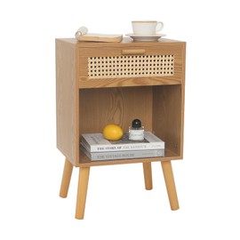 Mid Century Modern Nightstand, Rattan Bedside Table with Drawer and Open Shelf, Wood Nightstand Modern Side Table for Living Room, Bedroom and Small Space, Brown