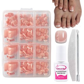 Fake Toe Nails Set - 240Pcs Square False Toenails Short - Nude Pink French Tip Toe Nails in 12 Sizes - Light Weight Fake Toenails with Glue, File and Pusher