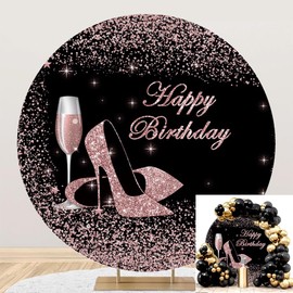 Leyiyi 7.2x7.2ft Black and Rose Gold Happy Birthday Round Backdrop Rose Gold Glitter High Heel Champagne Diamond Photography Background for Girl Women Birthday Party Decoration Photo Studio Props