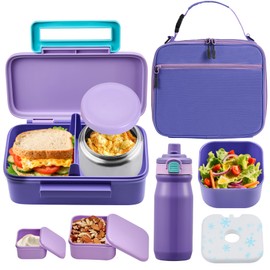 PIQUEBAR Kids Lunch Bento Box with 8oz Thermo Ice Pack Food Container with Insulated Lunch Bag, Insulated Water Bottle with Straw for Girls Boys, (A-Purple)