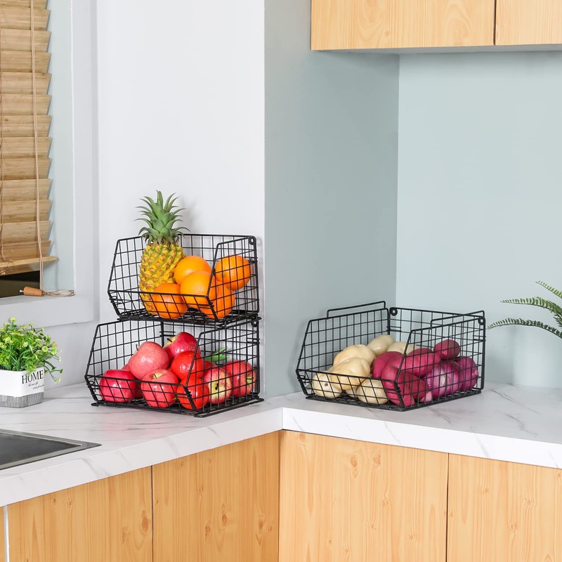 X-cosrack 3-Tier Stackable Wire Baskets for Pantry Organization and Storage,