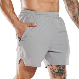 MIER Men's Active Running Shots 5 Inch Exercise and Fitness Training Shorts with Zipper Pockets, Light Grey, M