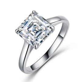 2.5 CTW Luxury Asscher Cut Solitaire Moissanite Engagement Ring S925 Sterling Silver with Curved Shank Fine JewelryColor: Silver, Ring Size: 9#