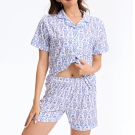 Ammiko Womens Pajamas Set Y2k Loungewear Pajama Button Down Top and Shorts Monkey Beach Short Sleeve Preppy Sleepwear Purple M