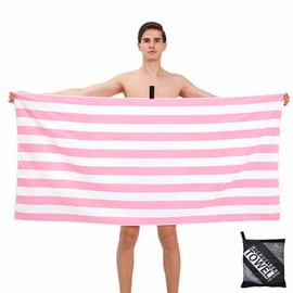 Large Microfibre Beach Towel for Adult,160x90cm Double Sides Pink Striped Sand Free Beach Towel,Lightweight Quick Dry Travel Swim Towel with Bag,Compact and Thin Sports Towel Yoga Gym for Women Men