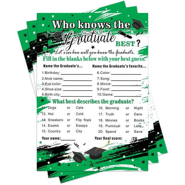 Tinlade 50 Pcs Graduation Party Decorations 2023 Who Knows The Graduate Best Game Cards Congrats Grad Graduation Party Decor Party Supplies Favors for High School College (Green, Black)