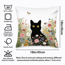 2 Pcs Floral Black Cat Pillow Cover, Vintage Black Cats Flowers Throw Pillow Covers Spring Summer Boho Cushion Cover, Suitable for Couch Sofa Bedroom Apartment Dorm Living Room Office Home Decor