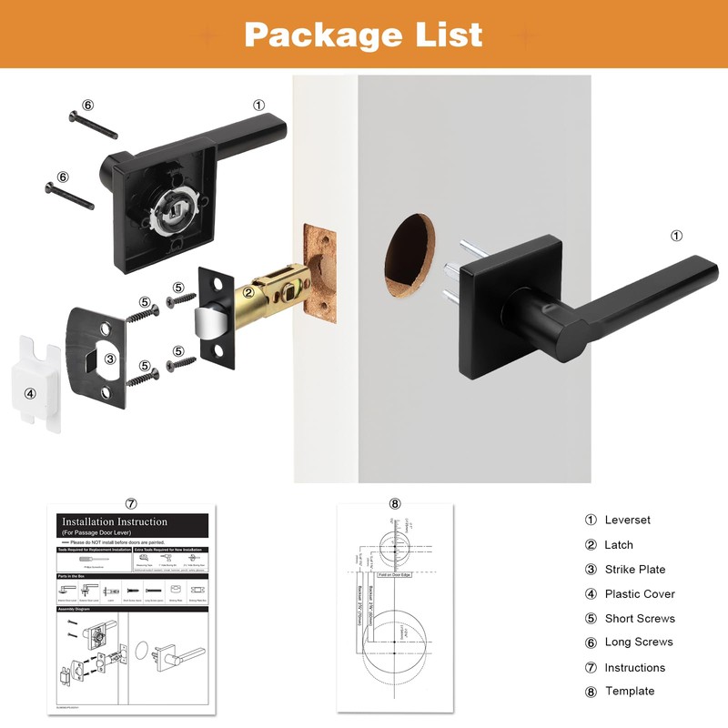 Probrico Square Black Passage Door Handle Heavy Duty Keyless Door