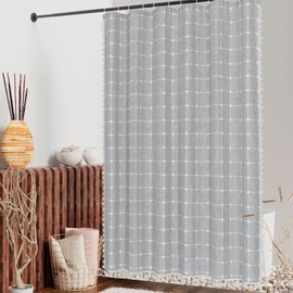 MitoVilla Modern Farmhouse Shower Curtain Set, Grey Boho Shower Curtains for Bathroom Decor, Vintage Rustic Thick Linen Fabric , Country Tassel Cloth, 72 x 72