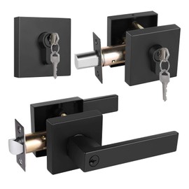 Gobrico Entry Door Lever with Double Deadbolt (Keyed Both Sides) Lockset,Front Entrance Door Hardware Square Door Lockset and Deadbolt with Lock and Keys,Keyed Alike,Matte Black Finished
