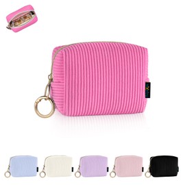 Playexen Mini Makeup Bag, Corduroy Small Cosmetic Bag for Purse with Ring Buckle, Portable Travel Makeup Pouch for Lipsticks, Chapsticks, Coin, Earphone, Credit Card (Rose Red)