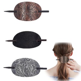 Fokmuaex 3 pcs Faux Leather Hair Clips & Barrettes with Wooden Slider - Oval Ponytail Holders for Women Girls, Natural Leather Hair Accessories with Secure Grip Design