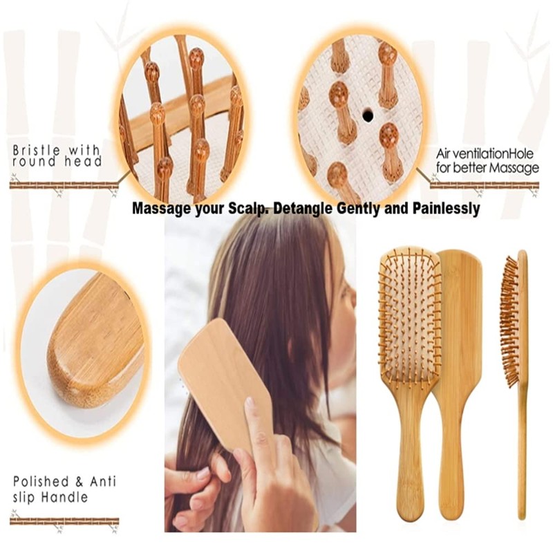 Hair Brush-Natural Wooden Bamboo Bristles Paddle Hairbrush Large. Eco-Friendly Massage