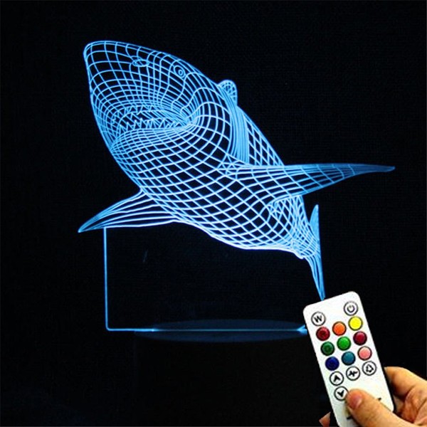 PROW® 3D Great White Shark Optical Vision Illusion Elegant White Base 7 Color Changing LED Remote Control Night Light Desk Lamp