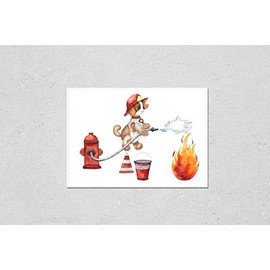 Poster Reproduction of Watercolor cartoon cute composition Firefighting and fire safety equipment illustration. Fire helicopter, dog, helmet, hose, column, fire extinguisher Variation Number 2