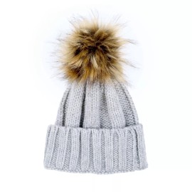 Aqua Women's Italian Knit Alpaca Wool Beanie Hat Winter Cap Pom Pom Grey