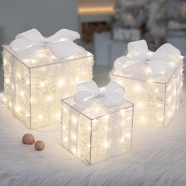 Quntis Light up Present Boxes Christmas 140 LEDs, Set of 3 Christmas Lighted Gift Boxes with 8 Modes and Timer, Plug in White Christmas Decorations, Light up Xmas Decorations for Indoor Outdoor