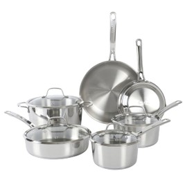 Sur La Table Kitchen Essentials Chef's Deck 10 Piece Stainless Steel Non Toxic Pots and Pans Kitchen Cookware Set w/Triply Encapsulated Base - Induction Safe