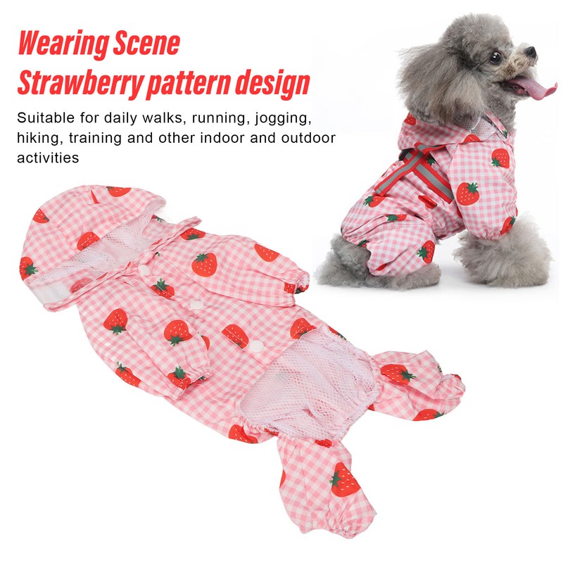 Dog Raincoat Hooded Reflective Breathable Lightweight Strawberry Patterns Puppy Rain