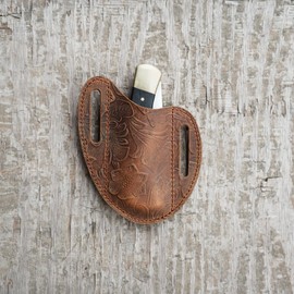 Folding Knife Sheath Pocket for 4" -5 inch Knives,Leather Knife Holder,Leather Knife Holster Belt Loop, 5" inch Leather Knife Sheaths, EDC Holster Buck 110 Leather Knife Pouch Embossed Brown