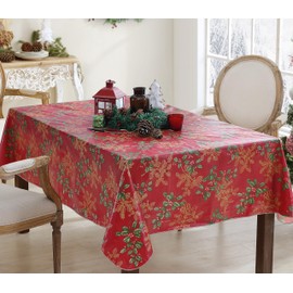 Newbridge Red Golden Holly and Berry Christmas Vinyl Flannel Backed Tablecloth - Red Metallic Gold Holly Holiday Print Wipe Clean Easy Care Kitchen, Dining Room Tablecloth, 52" x 52" Square