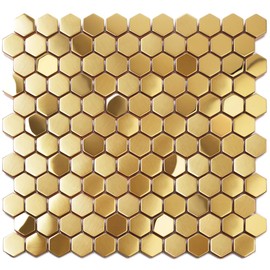 Blujellyfish Hexagon Gold Backsplash Tiles Metal Mosaic Tile Stainless Steel Brushed/Shiny Kitchen Bathroom Backsplash Shower Floor Wall Accent Tiles (5 Square Feet)