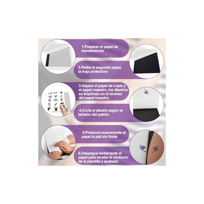 50 Hojas de Papel de Transferencia para Tatuajes, 4 Capas,