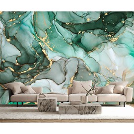 Toolhom Green Marble Wallpaper Abstract Fabric Wall Mural for Living Room Bedroom Dining Room Basement(Not Self-Adhesive)