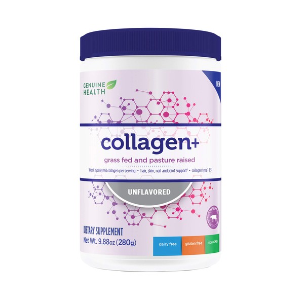 Genuine Health Collagen+, Unflavored Hydrolyzed Bovine Collagen Powder, Grass Fed, 9.88oz Tub