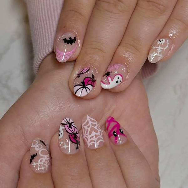 24Pcs Halloween Press on Nails Short Oval Fake Nails Pumpkin