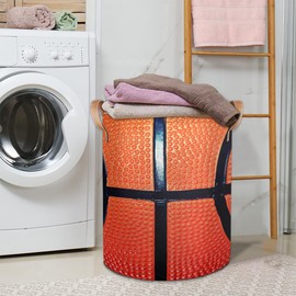 Sport Basketball Pattern Large Round Laundry Basket Collapsible Laundry Hamper with Leather Handles Durable Dirty Clothes Storage Bins for Living Room Bedroom Dorm Closet Organizers and Storage