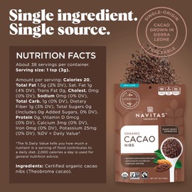 Navitas Organics Cacao Nibs – Unsweetened Dark Chocolate Crunch – Antioxidants, Minerals, Fiber – For Trail Mix, Baking & More – USDA Organic, Fairtrade, Non GMO, Gluten Free, Non-alkalized (4oz. Bag 38 Servings)