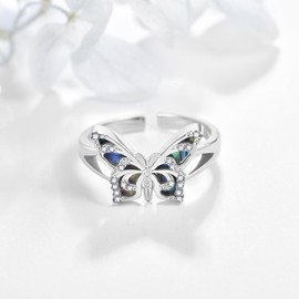 KINGWHYTE Sterling Silver Open Adjustable Abalone Butterfly Ring with Cubic Zirconia - Butterfly Ring for Women, Mum, Girls - Gift for Any Occasion