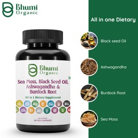 Bhumi Organic All in 1 Sea Moss Black Seed Oil,Ashwagandha, Ginger, Turmeric, Burdock Root Capsule (60 Count)