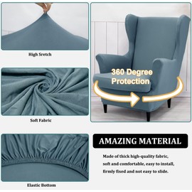 NILUOH Wingback Chair Cover 2-Piece Soft Stretch Wing Chair Slipcover Solid Color Armchair Sofa Couch Cover Furniture Protector with Elastic Bottom for Living Room Bedroom (Gray-Blue)