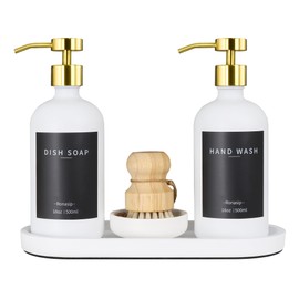 Ronasip Set of 5 Kitchen Soap Dispenser Set 16 Oz Glass Hand Dish Soap Dispenser with Stainless Steel Pump, Cement Tray, Dish Scrub Brush for Farmhouse Rustic Home Bathroom Decor (White)