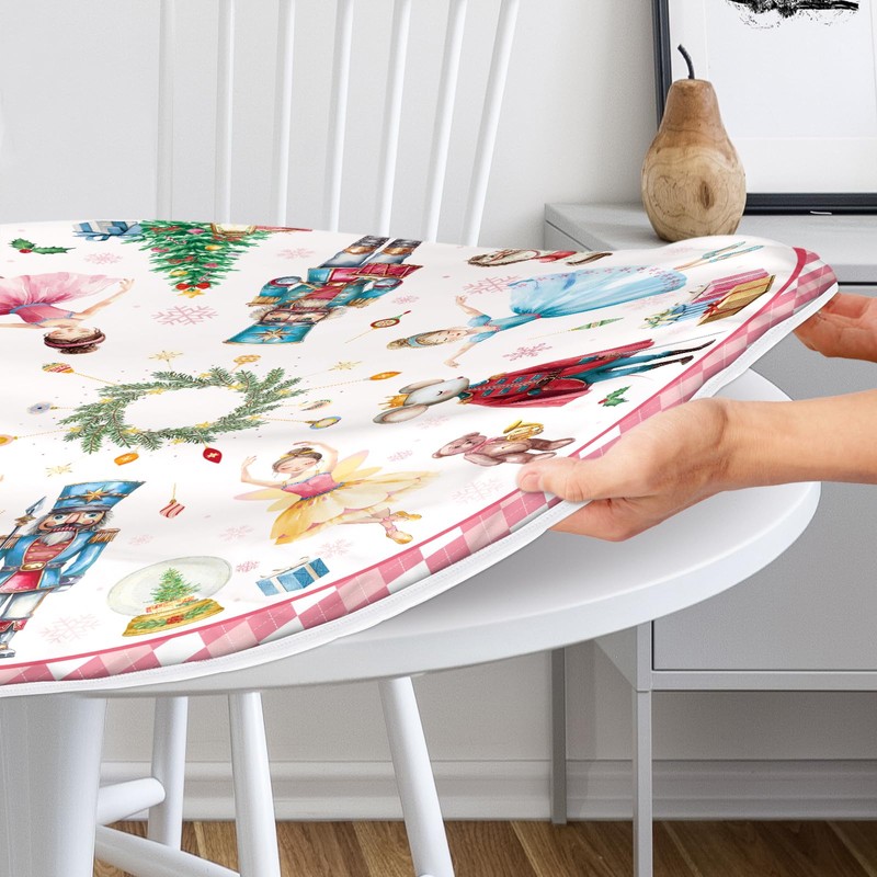 Nutcracker Round Christmas Tablecloth Pink Round Fitted Tablecloth with Elastic