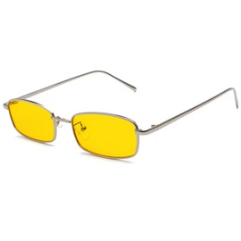 JCTAIFOO Retro Rectangle Sunglasses for Women Men Square Narrow Hip Hop Small Frame Sunglasses, Silver/yellow