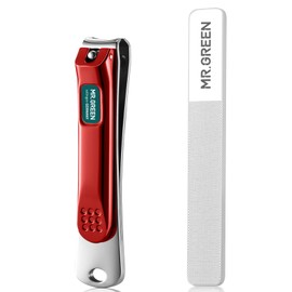 MR.GREEN Nail Clippers Curved Blades Fingernail Cutter Nippers Manicure Scissors Stainless Steel Pedicure Tools with Nail Flies (Medium-Red+Glass File)