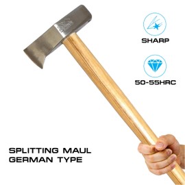 Prandi Axes German C45 Forged Carbon Steel Splitting Maul-Hickory Handle with Leather String - Ideal for Firewood, Splitting, and Chopping - S/N 3.015.35.7.CH - 35.43"L x 8.27"W, 3500g Head, No Sheath