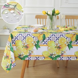 SASTYBALE Summer Lemon Tablecloth Rectangle, Stain Resistant Lemon Table Cloth Geometric Vintage Pattern, Washable Polyester Outdoor Table Cover for Party Picnic Dinner Decor (Rectangle, 52" x 70")